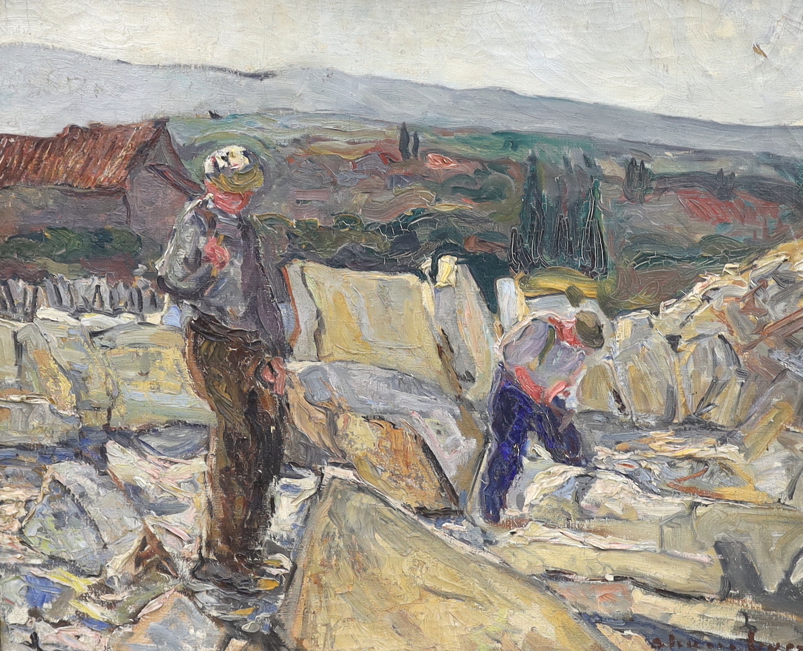 Eastern European School, oil on canvas, Stone breakers in a quarry, indistinctly signed, 58 x 71cm